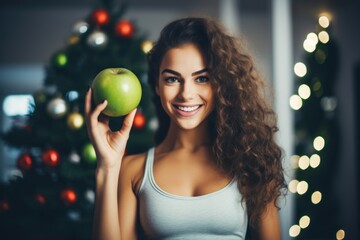 caucasian woman in a sports uniform with a green apple in her hand on the Christmas background 