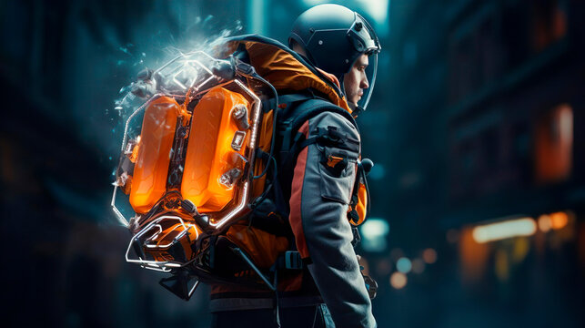 Future transport and technology. Jet pack male courier messenger is ready to fly. Delivering cargo, online orders, purchases, goods, packages in the city with drone engine. Express flying shipping