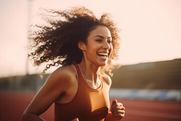 Close up portrait of smiling athlete woman runner outdoors, wearing sporty clothes and jogging