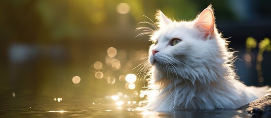 In the serene embrace of nature, a beautiful white cat with captivating black eyes stood in the street, its cute and elegant portrait reflecting the innocence and grace of a young feline. The sunlight