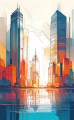 Skyscrapers at sunset, graphic perspective of buildings and reflections on water, abstract architectural background, vector illustration, pop art, sketch art,