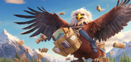 A bold eagle carries a package through a rugged landscape, wings spread wide, symbolizing strength and reliability in its delivery quest.