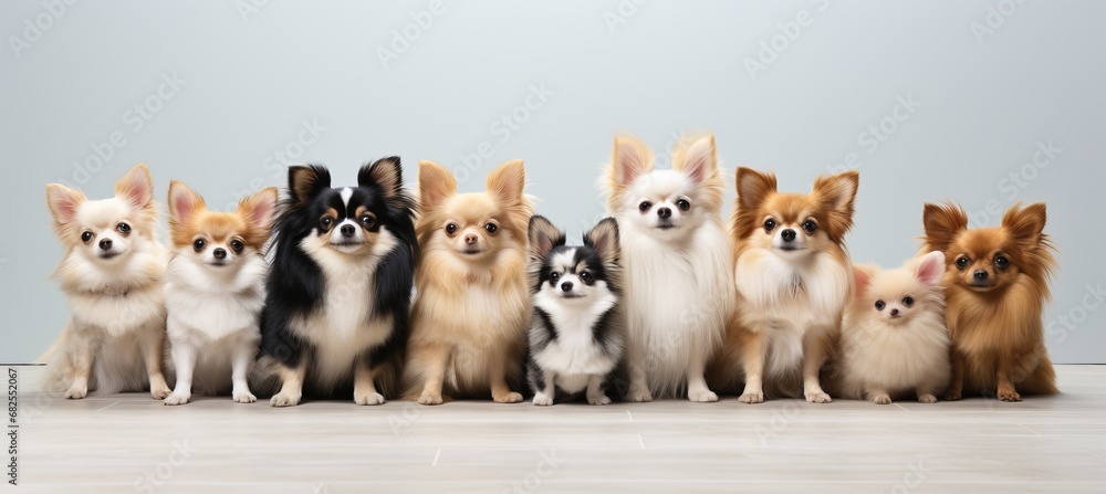 Poster an assortment of cute and playful dogs posing in a studio environment, isolated on a clean white bac
