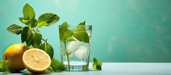 During the hot summer, a refreshing glass of mint julep served on a table adorned with baby blue tablecloth, cooling ice cubes, and fresh green fruit leaves is a healthy addition to any diet - obrazy, fototapety, plakaty