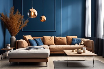 Modern living room interior with brown sofa, coffee table and lamp. Elegant Minimalist Blue Living Room.