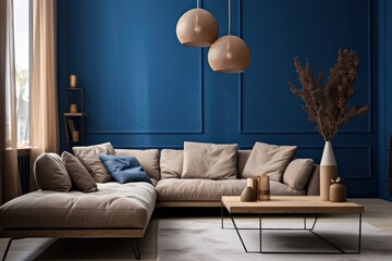 Interior of modern living room with blue wall, sofa and coffee table. Elegant Minimalist Blue Living Room.