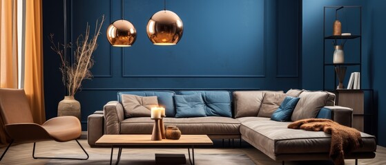 Interior of modern living room with blue wall and sofa. Elegant Minimalist Blue Living Room. - obrazy, fototapety, plakaty