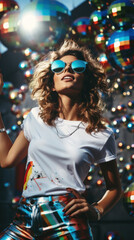 Fototapeta premium Beautiful young woman in sunglasses and white T-shirt with bright disco balls, vertical vintage shot.