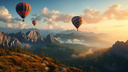 Landscape of hot air balloons flying over the mountains as sunlight is falling - obrazy, fototapety, plakaty