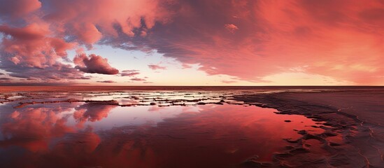 As the red desert stretched for miles, the clouds in the sky cast reflections on the polluted lake, showing the effects of copper excavation by the industry, causing erosion and threatening the - obrazy, fototapety, plakaty