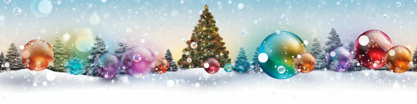 Merry Christmas baner , vivid clear seven colours, bubbles, snow, christmas tree
