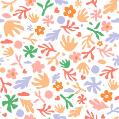 Seamless pattern with abstract plants, leaves, flowers. Natural simple summer print. Vector graphics.