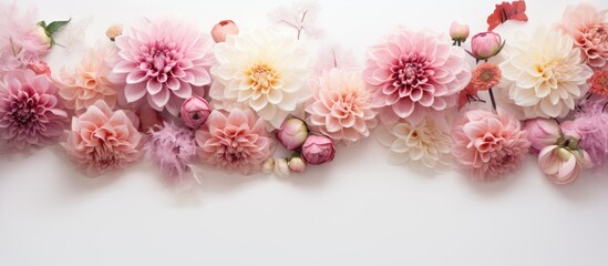 In the vintage white background, amidst the isolation of summer, nature unfolds its timeless beauty through the delicate petals of pink roses, chrysanthemums, and dahlias, creating a stunning spring