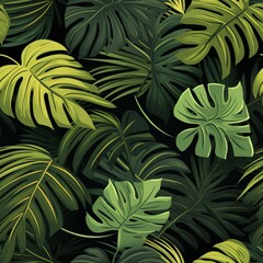 Seamless tropical leaves pattern with monstera, banana tree, and palm on dark background