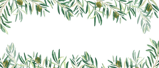 Horizontal frame, border with olive branches and green fruits. Watercolor hand drawn illustration. Perfect as a web banner, card and invitation template, for menu design.