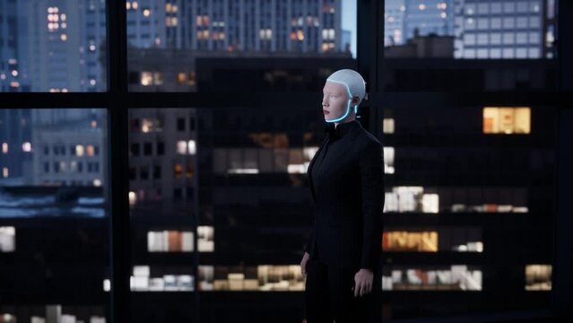 A robot humanoid staying in the empty office and looking out the window at the big city. future technology concept