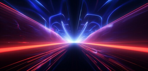Neon lights, a tunnel, a hallway, red laser beams, and smoke are all on a blue abstract background. Mild arch. Blue abstraction with neon, rays, and lines.