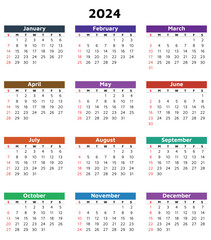 2024 month multi color calendar. Modern vector template illustration
