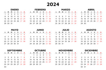 2024 spanish calendar. Simple vector template illustration in Spain. Horizontal - obrazy, fototapety, plakaty