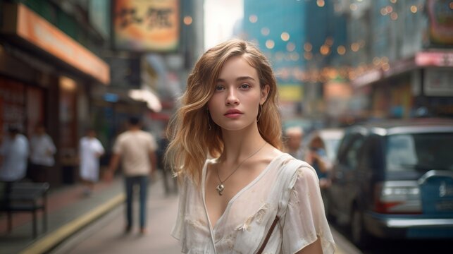 danish girl walking in the business central district streets of hong kong, 16:9