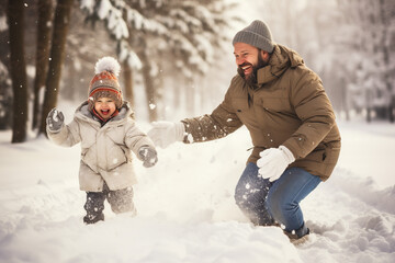 Fototapeta na wymiar Father and son having fun in the snow. Winter holidays concept