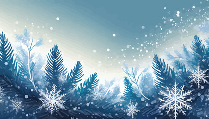 Fototapeta na wymiar Horizontal morning white banner with blue realistic fir branches. Snowflakes with shiny particles and copy space.