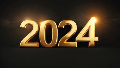 New Year 2024 3d golden shiny numbers for calendar on black background.