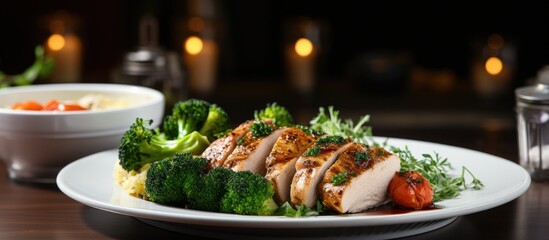 In the restaurant, a plate of healthy white meat was served, with tender chicken breast and turkey, cooked to perfection, featuring organic and natural ingredients, nourishing the dinner and providing
