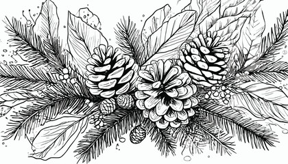 Winter floral botanical black line art bouquet. Christmas pine cones, fir branches leaves line art hand drawn sketch arrangement