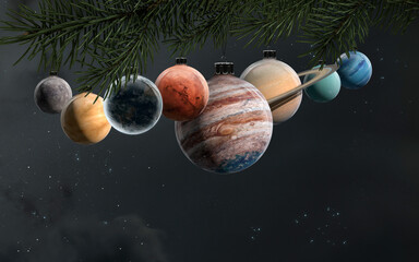 3D illustration of Solar system planets as Christmas tree decoration balls. 5K realistic science fiction art. Elements of image provided by Nasa - 682555667