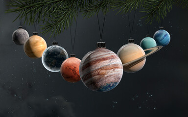 3D illustration of Solar system planets as Christmas tree decoration balls. 5K realistic science fiction art. Elements of image provided by Nasa © Vadimsadovski