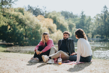 Young, joyful friends enjoy a carefree, sunny day in the park. They sit together, socializing and having fun conversation, surrounded by nature's green environment.