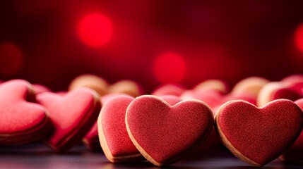 Heart cookies with red icing, baking with love for your beloved ones. Romantic feelings in the...