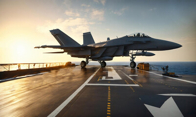 Fighter Plane at Sunrise. Military aircraft carrier ship with fighter jets take off during a special operation at air force support at war zone. airforce. Generative ai - obrazy, fototapety, plakaty