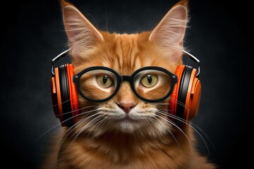 Lustige Katze mit Kopfhörern und Brille. Katze hört Musik. Ideal als Symbol für Musik Hören. - obrazy, fototapety, plakaty