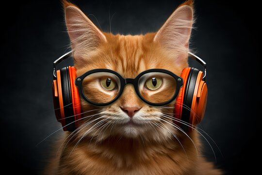 Lustige Katze mit Kopfh&ouml;rern und Brille. Katze h&ouml;rt Musik. Ideal als Symbol f&uuml;r Musik H&ouml;ren.