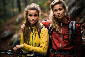 Portrait of two young women with mountain bikes in the forest