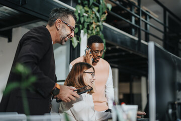 A diverse corporate team strategizes for global business expansion. Colleagues collaborate on market analysis and innovative product development in a modern office. Networking for sustainable success.