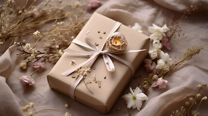 Gift box made from environmentally friendly craft paper and decorated with dried flowers. Ecological packaging for gifts.