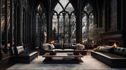 Dark Home interior design with big window and furniture's in gothic style, winter season. - obrazy, fototapety, plakaty