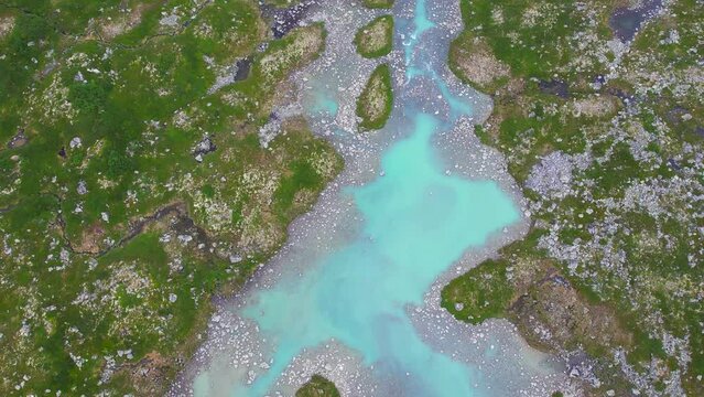 Aerial view above the glaciers melting into the permafrost of Jostedalsbreen National Park