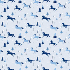 Cartoon horses galloping in the winter forest during a snowfall, seamless vector pattern