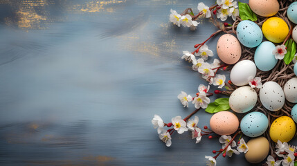 Blossoming Beauty Easter Egg Composition with Vibrant Flowers and White & Colored Eggs. Generative AI