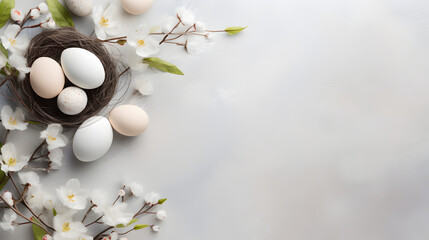 Easter Elegance Unveiled Decorative Background with Flowers, Empty Spaces, and Eggs. Generative AI