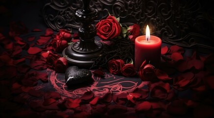 burning red candle and red rose. 