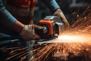 spectacular sparks thrown by a power tool used in Industrial workshop.  Angle Grinder is used by a metal  industry worker.