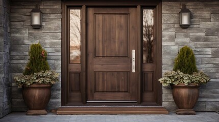 Modern main entrance wooden door, plants on the floor, stone wall, generative AI.