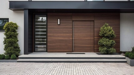 Fototapeta na wymiar Wide Modern main entrance wooden door, plants on the floor, stone wall, generative AI.