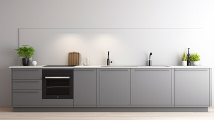Minimalistic kitchen interior with white walls, wooden floor, dark gray counter tops. generative ai