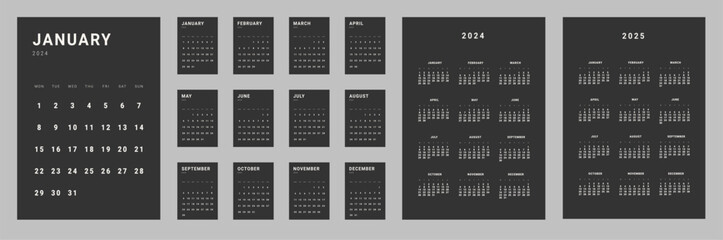 Set of monthly calendar planner page templates for 2024. Isolated Vector layout minimalist of wall or desk calendar with week start on Monday for print. Page for size A4 or 21x29.7 cm in dark color.
